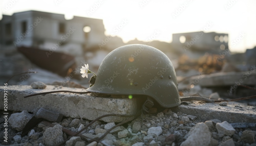 Obraz premium Desolate War Scene With Helmet Resting on Rubble.