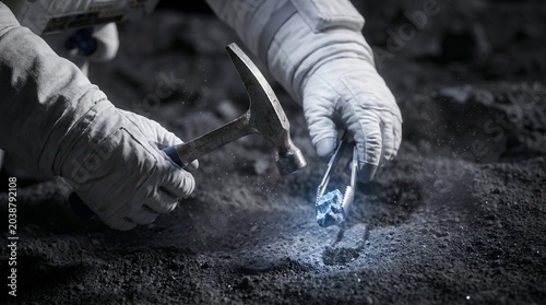 Astronaut's hands in gloves holding a tool and digging on the moon with blue sparks flying.