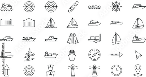 Foto Marine navigation and nautical transport line icons set including ship boat sail