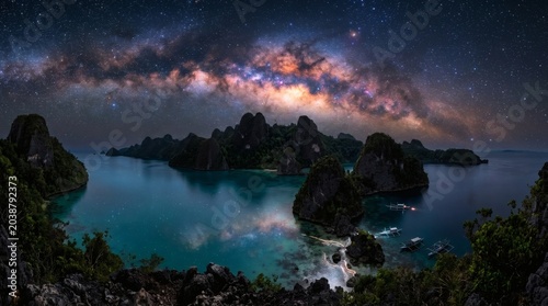 Milky Way over serene island landscape.