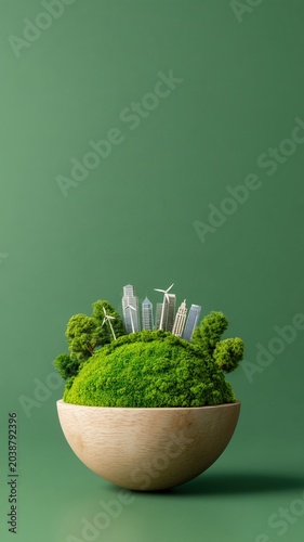 Sustainable finance esg investing green city renewable energy Sustainable finance esg investing concept green city model with moss hill wind