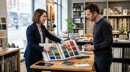 A woman and a man are discussing fabric swatches at a design showroom. The woman, dressed in a navy blue suit, points to a color swatch book while the man, wearing a gray sweater, takes notes.