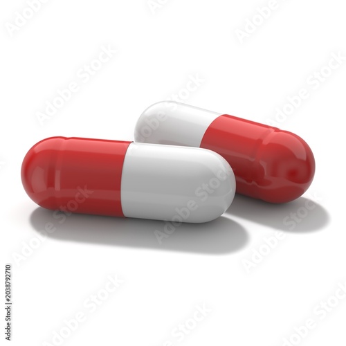 3D rendering of a white and red color capsule pill on a white background.