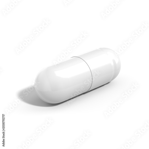 3D rendering of a white capsule pill on a white background.