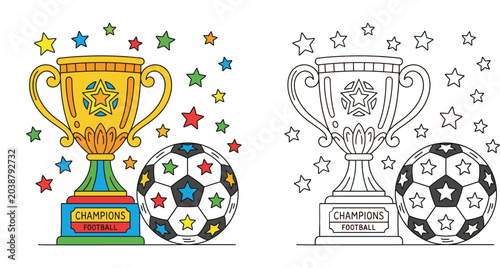 Football Champions Trophy and Soccer Ball Coloring Page for Kids, Winner Cup with Stars Sports Illustration for Children Educational Activity Book, Vector Line Art and Colored Set