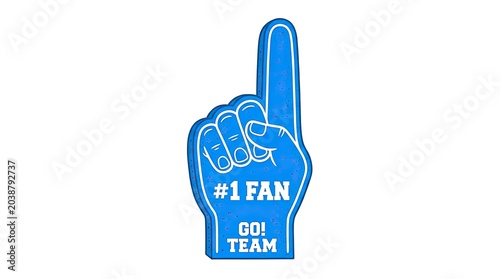 Blue foam finger with text number one fan and go team