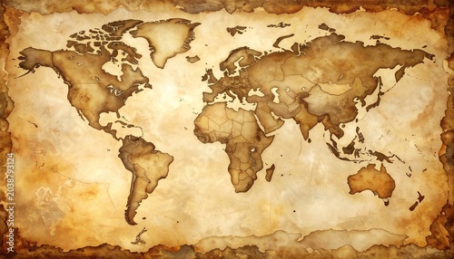Vintage World Map Illustration with Aged Parchment Texture.