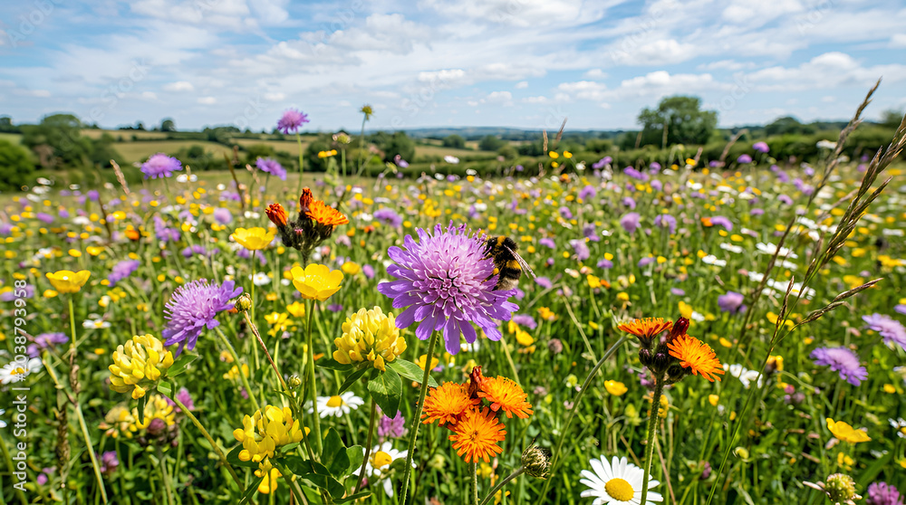 Obraz premium Vibrant wildflower meadow under a bright blue sky with fluffy clouds and distant hills.