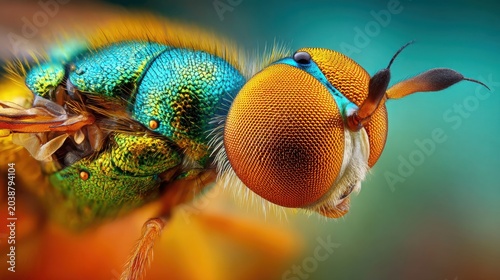 Magnified View of a Hoverfly's Compound Eye With Iridescent Hues and Intricate Facets