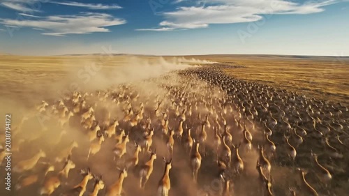 Massive Saiga Antelope Herd Migrates Across Dusty Kazakh Steppe Under Wide Open Sky