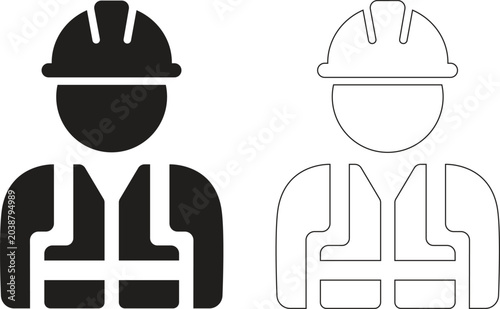Construction worker icon set with hard hat and safety vest in solid black silhouette and outline linear vector.