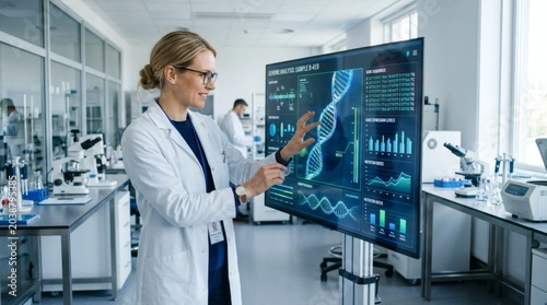Female scientist analyzing DNA data screen.