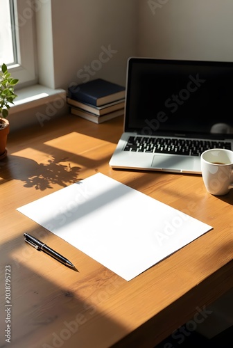 Blank White Paper Sheets Stacked on Desk, Office Document Mockup Background. High-quality realistic photograph featuring multiple stacks of blank white paper sheets arranged on a clean desk. 