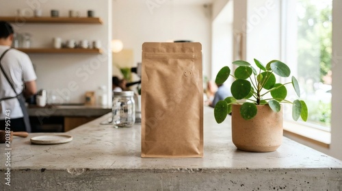Brown paper coffee bag on counter.
