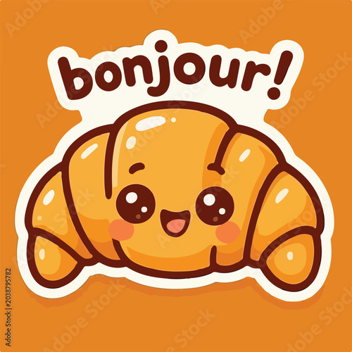 Cute cartoon croissant character with a happy smiling face and the french word bonjour written in a playful bold font