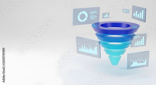 Sales funnel visualization with data charts and percentage indicators 3d rendering