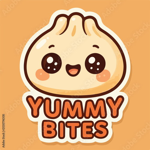 Cute cartoon dumpling character with a happy smiling face and bold lettering for a fun and playful food brand logo