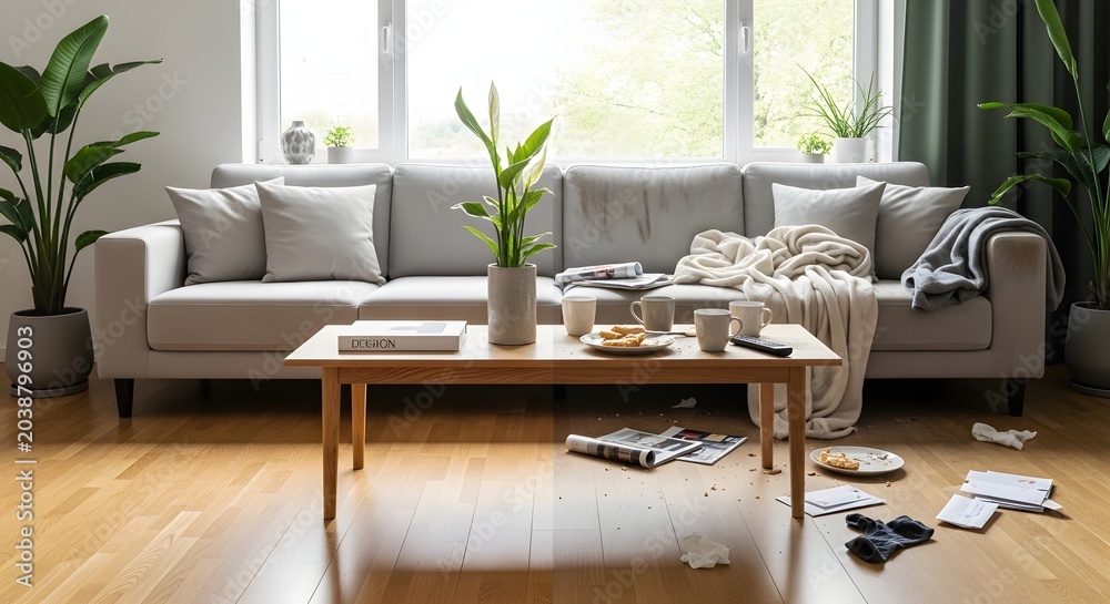 Fototapeta premium Cluttered living room with messy coffee table and scattered belongings