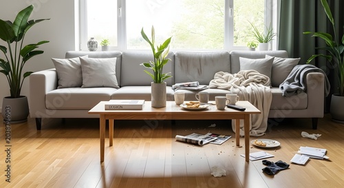 Cluttered living room with messy coffee table and scattered belongings