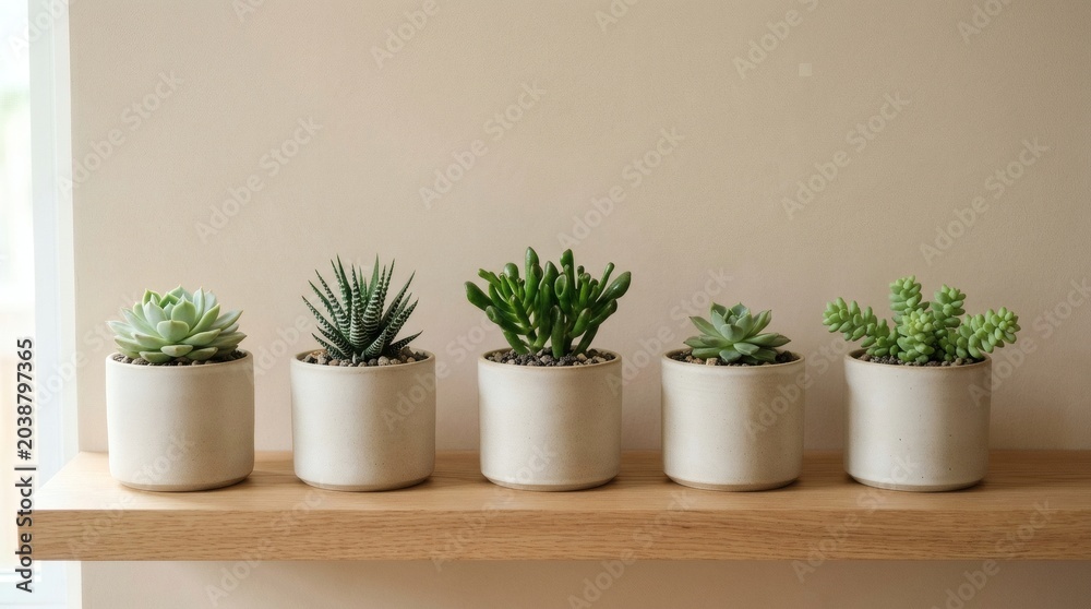 Fototapeta premium Small succulent plants on wooden shelf.