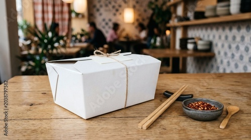 Takeout food box with chopsticks.