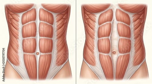 Comparative medical drawing of the male abs showing the healthy condition of the rectus abdominis muscles on the left and their divergence (diastasis) with a hernial protrusion on the right.