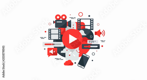Multimedia Video Production and Digital Content Creation Concept Vector Illustration with Play Button, Camera, and Film Icons