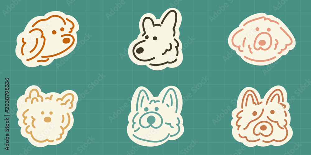 Fototapeta premium Cute cartoon doodle collection of six hand drawn dog face stickers featuring corgi, shiba and fluffy breeds with various expressions, ideal for pet, kids, and decorative design content.