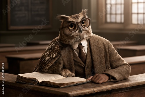 Owl in vintage suit and glasses reading book in old classroom