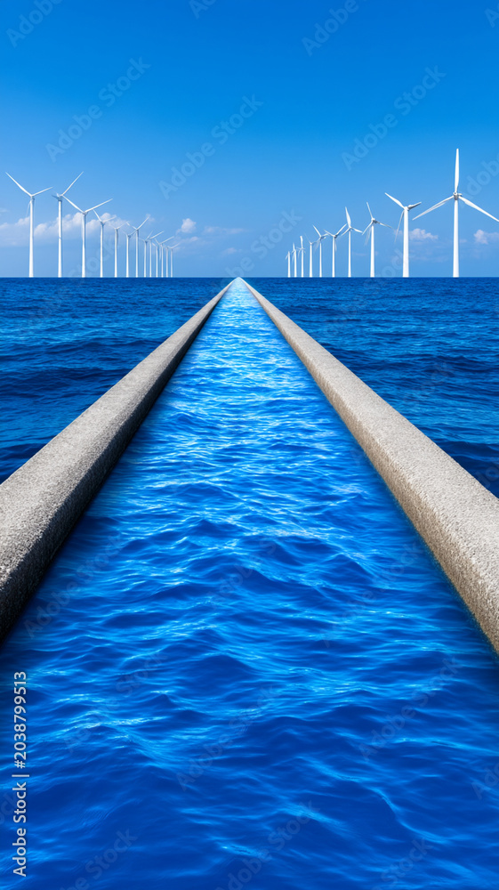 Obraz premium Offshore wind turbine ocean sea renewable energy climate change adaptation clean power view along seawall channel blue sky symbolizing resilient