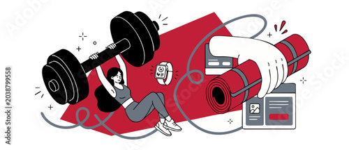 Quadro su tela Fitness workout woman lifting barbell exercising with smart watch and holding yo