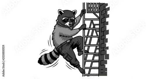 Raccoon Climbing Ladder on Brick Wall Illustration.