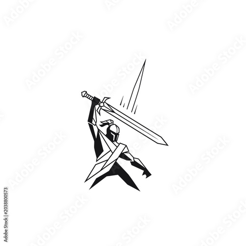 Geometric warrior with sword raised in attack position graphic illustration
