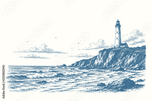 Coastal lighthouse vector illustration with rocky shoreline scenery in refined vintage engraved line art travel composition