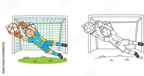 Cartoon Child Goalkeeper Diving to Catch Soccer Ball Illustration Set with Coloring Page Outline and Full Color Version for Kids Sports Activity Education and Fun
