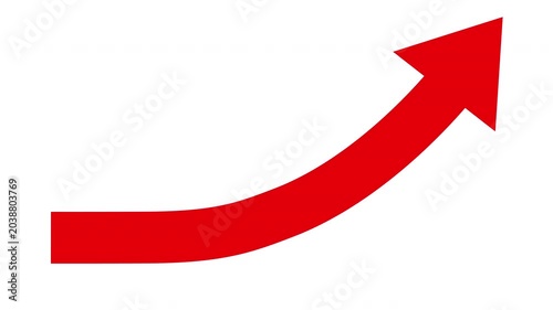 カーブを描いて斜め上に上昇する赤い矢印のアニメーション（白背景）
