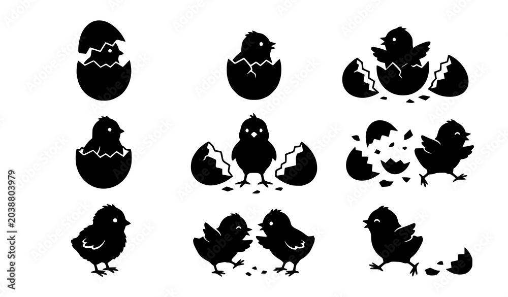 Fototapeta premium Hatching chick silhouette icons vector collection isolated on white