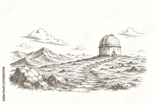 Obraz na płótnie Observatory hill landscape vector illustration with mountain scenery and stone p
