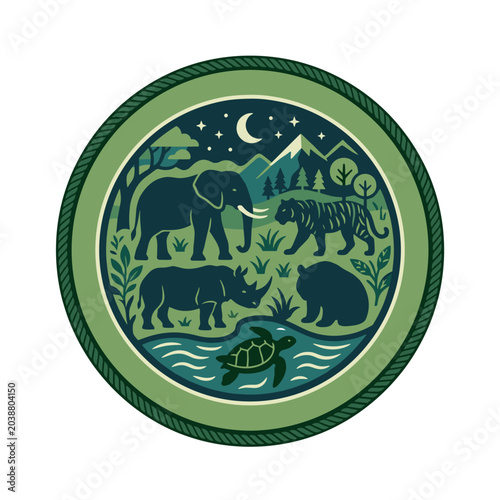 Circle patch with diverse animals under the night sky