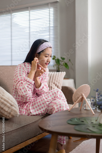 Asian woman applying face mask skincare beauty treatment morning routine sitting on sofa at home wearing pink pajamas relaxing in living room weekend wellness