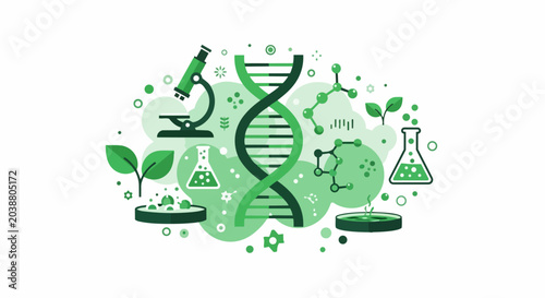Biotechnology and Genetic Engineering Vector Illustration Featuring DNA Helix, Microscope, and Lab Glassware