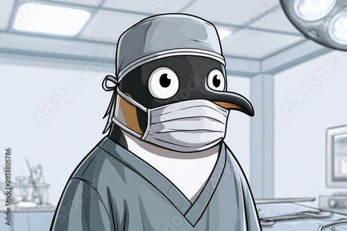Cartoon penguin surgeon wearing scrubs and mask in operating room