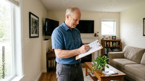A man is standing in a living room and reviewing a clipboard. He is wearing a blue shirt and gray pants.