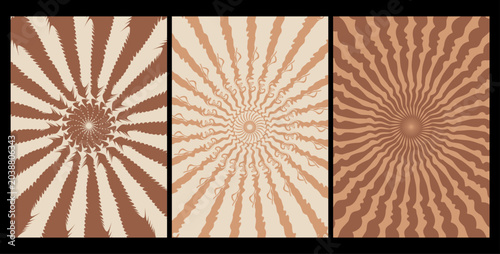 A triptych of abstract art pieces with brown and beige sunburst patterns
