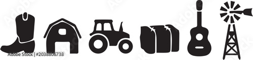 Foto Farm country life silhouette icon set, cowboy boot vector, barn tractor artwork,