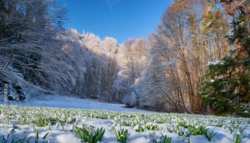 Quiet Forest Scene With Snowdrops And Fresh Snow Cover