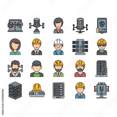 Workers and industrial technology icons.