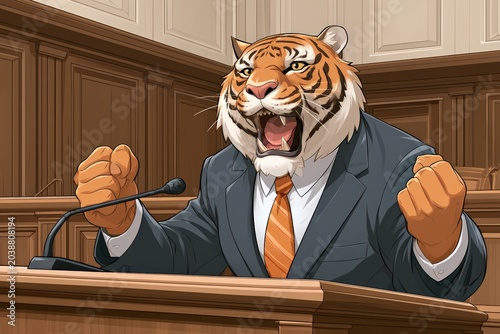 Angry tiger in business suit shouting at courtroom podium