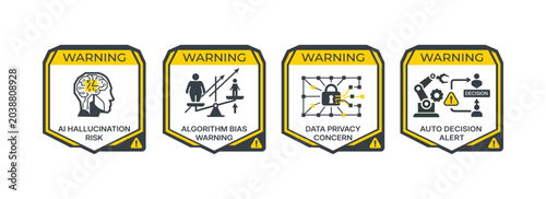 Fotografía AI Safety Warning Badge Set – Hallucination Risk, Algorithm Bias, Data Privacy C