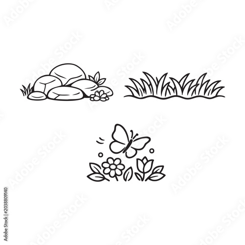 Minimalist Nature Elements Icon Set Vector. featuring natural elements including rocks with flowers, grass patch, and butterfly above blooms.